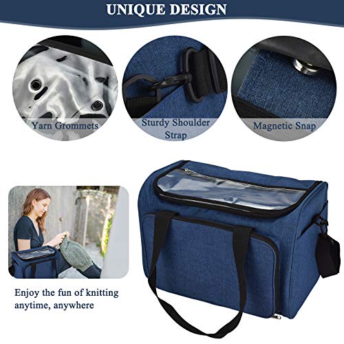 Coopay Large Knitting Bag Yarn Bag for Crochet, Yarn Tote Storage Organizer Portable Individual Compartments for Carrying Unfinished Project, Crochet Hooks Needles Accessories - color: Navy Blue