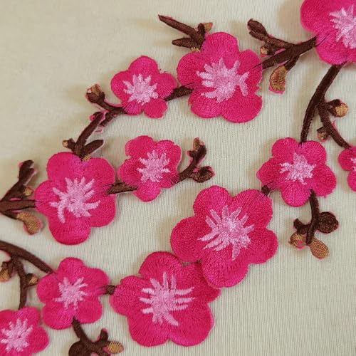 1pair Quince Sakura Flower Embroidery Iron On Applique Patches (Hot Pink) - color: Hot Pink