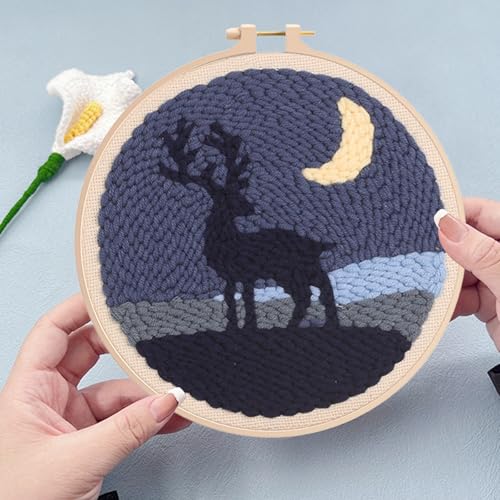 Woohome Punch Needle Kit Included Plastic Hoops, Punch Needle Cloth, Color Yarn and Punch Needle Tools for Adults, Beginners (Camel, Flamingo, Elk) - color: Color 12