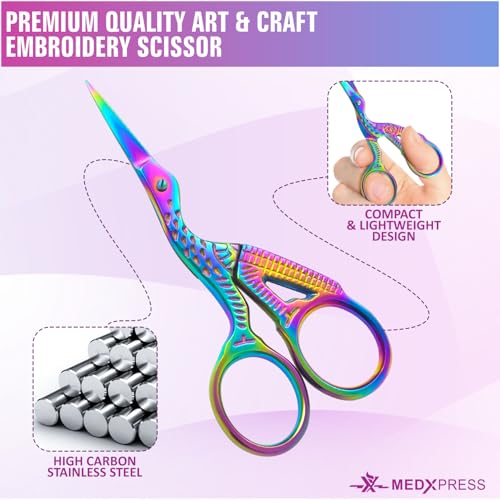 Rainbow Stork Scissors 3.6 inch Extra Sharp Tip Small Embroidery Scissors for Premium Stainless Steel Crane Design Sewing scissors for Stitch Cutting Art & Craft Bird scissors.