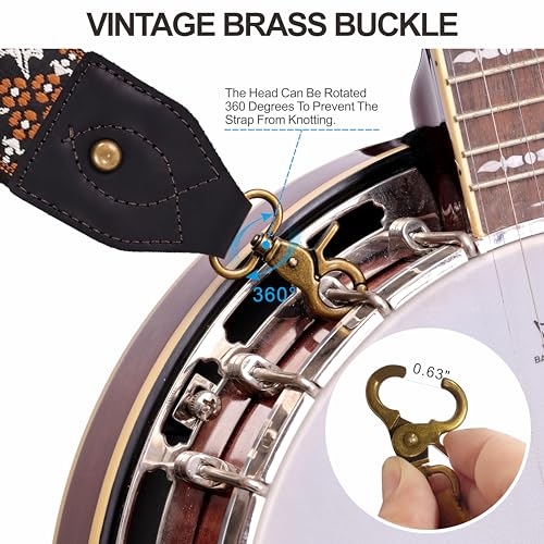Nefelibata Banjo Strap,2"Wide Double Crazy Horse Leather Jacquard Embroidery Strap Adjustable Replacement,Multi-pattern Strap With Metal Clips - color: A#-black Leather Embroidery