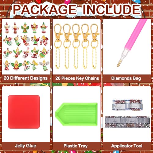 Tondiamo 20 Pcs Christmas Diamond Painting Keychain Kits 5D DIY Diamond Art Pendants Double Sided Hanging Key Chains for Christmas Party Decoration DIY(Angels Style) - style: Angels Style