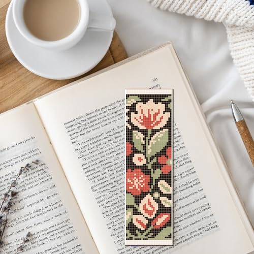 FREEBLOSS 6 Set Cross Stitch Bookmark Kits 8"x2.4" Red Flowers on Black - style: Flat style