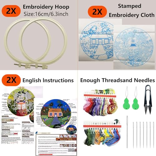 Allazone 2 Sets Embroidery Kit for Beginners, Stitch Practice Kits for Craft Lover Hand Stitch with Embroidery Fabric with Stamped Pattern, Starter Stitch Kits Suitable for Adults (Garden) - color: Garden