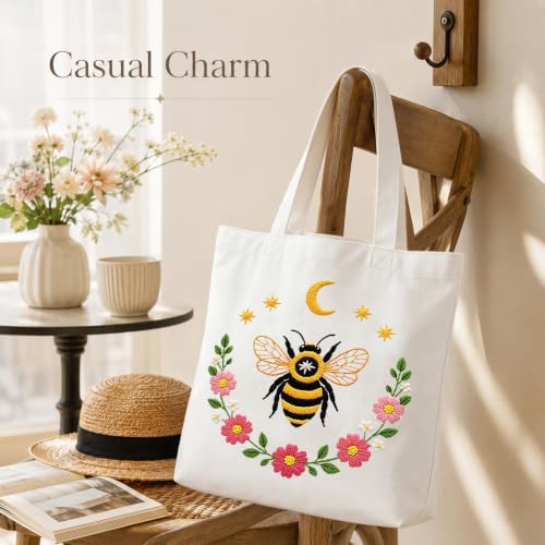 Nuberlic Embroidery Tote Bag Kit for Beginners with Bee Floral Pattern - color: bee2