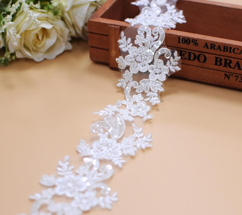6cm*2yards Pure White Luxury Beaded Embroidery Flower lace Appliques for Wedding Dresses Rhinestone Applique Patches Embroidery lace parches ropa (Pure White Color)… - color: pure white color