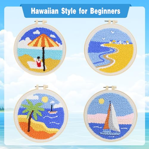 Beach Umbrella Punch Needle Kit for Beginners, 8 Inch Summer Vacation DIY Embroidery Starter Set with Pre-Printed Fabric, Wooden Hoop, Yarn & Tools, Coastal Wall Art Craft Gift for Adults - color: BLUE-GIRL