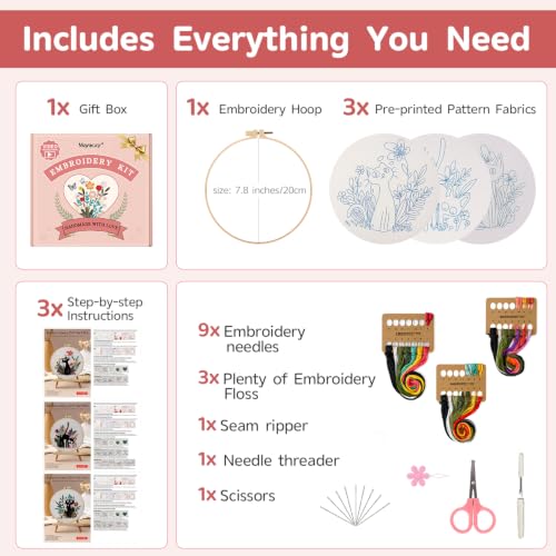 Meyocky Embroidery Kit for Beginners with Cat Flower Patterns& Stitch Video - color: Cat