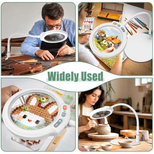 30X 10X Large Magnifying Glass with Light and Stand, 5-Inch Optical Grade HD Lens, 5 Color Modes Stepless Dimmable LED Desk Lamp, Hands Free Gooseneck Lighted Magnifier for Painting Close Work White - color: White