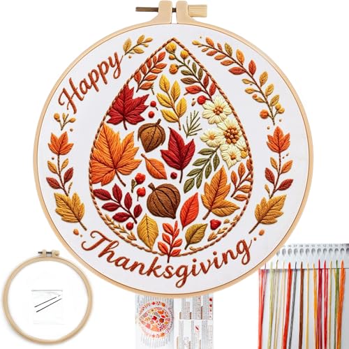 FONNUY Fall Embroidery Kit, Handmade Autumn Wreath Pre-Stamped Pattern for Beginners, Thanksgiving Harvest Home Decor, 8'' Hoop (Maple Leaves) - color: Maple Leaves