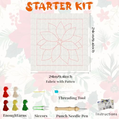 BEUNITONE Poinsettia Pre-Print Punch Needle Kit for Beginners Adults Gifts - color: 08-Crimson