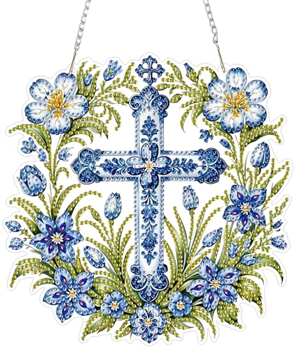 ZeeLionArt Hanging Diamonds Art kit for Adult,Cross Flowers Pendant Diamonds Painting Art Kit,7.5x7.6inch Acrylic Diamonds Painting Board Kit Ornament, Special Crystal Diamond Hanging Ornament - color: DP02451