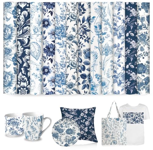 FYSUIMU 12 Sheets Blue Floral Heat Transfer Vinyl Watercolor Flower HTV Iron on Vinyl Vintage Chinoiserie Adhesive Vinyls for Clothing Costume DIY Fabric Crafts, 12 x 10 Inch