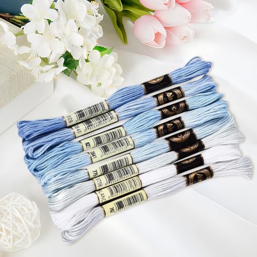 70 Yards 8 Skeins Gradient 6 Strands Light Sky Blue Variegated Cross Stitch Floss Polyester Embroidery Thread String Friendship Bracelets Threads Set for Hand Sewing Making Knitting Supply - color: Light Sky Blue, size: 70 Yards