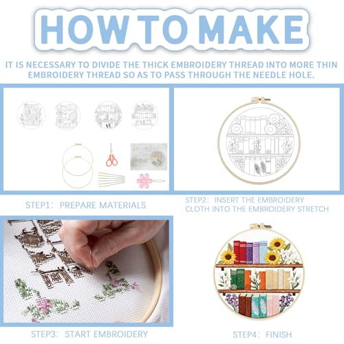 FREEBLOSS 4 Set Embroidery Kit Bookshelf Pattern Stamped Embroidery Starter Kit with Step by Step Instructions, Colored Threads, 2 Hoops, Needlepoint Kits for Hand Craft Lovers Gift, 30cm/11.8inch - style: Book Shelf