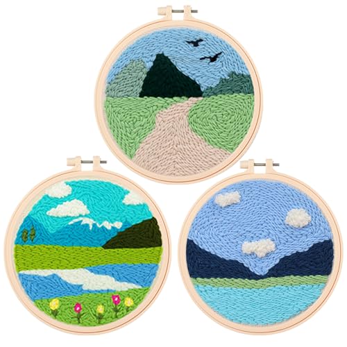 Cheloment 3 Sets Punch Needle Kits for Beginners,Includes Needles,Pattern Fabric,Yarns and Hoops, Needle Punch Kits for Adults&Kids,Easy to Learn,Stress Relief,Great for Home Decor - size: Snowy Mountain & River & Lane