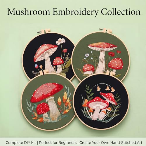 Harimau Adult Beginner Embroidery Starter Kit, Complete Set with 4 Patterns, 2 Hoops, Needles, Scissors, Instruction Guide & Stitching Video Tutorials - color: Mushroom1 pattern