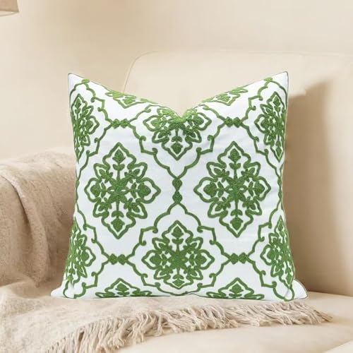 Slow Cow Embroidered Throw Pillow Cover 18 x 18 Inch Green - color: Green Bohemian Flower, size: 18" x 18" (Pack of 1)