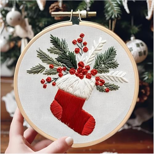 JCBCKJ Christmas Embroidery Beginner Set - A Cross Stitch Set Suitable for Beginners, with Step-By-Step Guide, Pre Printed Fabric, Christmas Sock Gift Pattern Embroidery