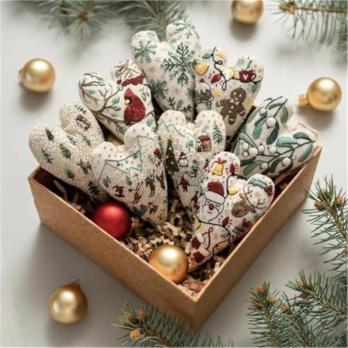 Froklic New Christmas Embroidery Kits, DIY Heart Shaped Hand Christmas Tree Embroidered Ornament Kit, Nativity Cross Stitch Kit for Winter Pattern Embroidery Decoration (with Needles-8PCS)