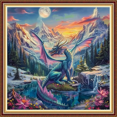 Fanxvivy Stamped Counted Cross Stitch Kits for Adults Printed Cross-Stitch Patterns 11CT Stamped or Counted Cross Stitching Embroidery Kit Needlepoint Kits-Blue Wing Dragon Landscape 18x18 inch - color: Artkits32