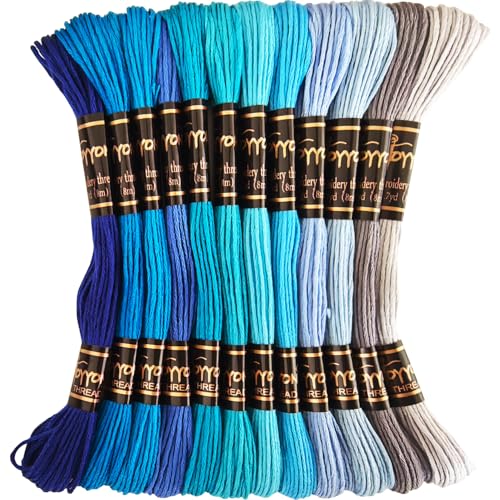 12 Skeins Embroidery Thread, 12 Colors Embroidery Floss Set, Cross-Stitch Threads for Hand Embroidery, String Art（Blue Series） - color: Blue series, size: 1 Pack