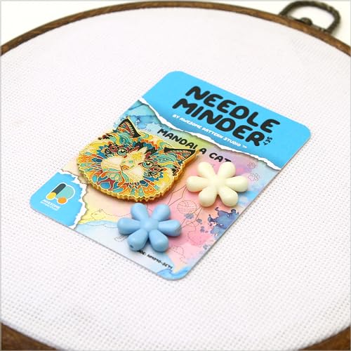 Awesome Pattern Studio Needle Minder Set - Mandala Cat Magnetic Needle Minder + 2 Needle Threaders. Enamel Pin for Cross Stitch, Embroidery and Craft