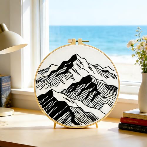 BEUNITONE 6PCS Beginner Embroidery Kit for Adults, Minimalist Black and White Style Pre-Stamped Pattern Needlepoint Kits with Hoops & Instruction, Hand Embroidery Kits for Fabric and Home Decor 7.9" - style: Black White Scenery