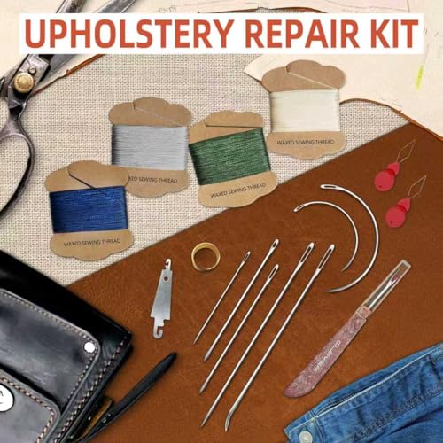 Upholstery Repair Kit: Extra Strong Waxed Sewing Thread 2Rolls (Gray Color) &Heavy Duty Household Hand Needles (7 PCS) for Leather, Canvas, Bookbinding & Quilting Thread - color: Gray Color