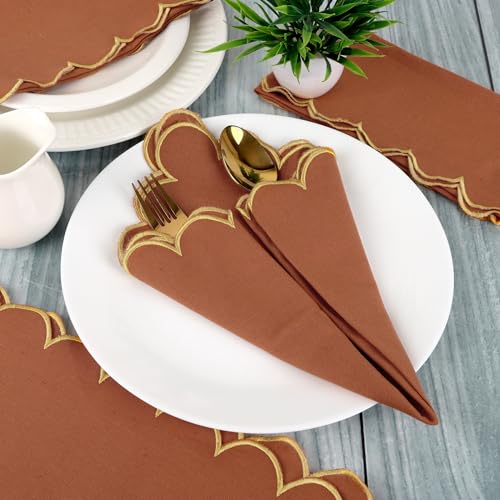 NATURALCRAFT Scalloped Cloth Napkins 18x18 in - Rust Edges Gold - color: Sl-rust Napkin - Gold Edges, size: 18" x 18" (Set of 4)