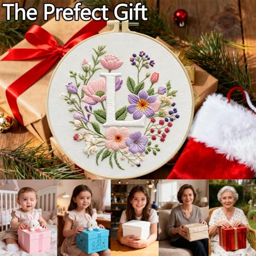 Zhenqing Letter L Embroidery Kit for Beginners, Pre-Printed 29x29cm Cotton Fabric with 20cm Hoop, Romantic Floral Monogram Design (C0096)