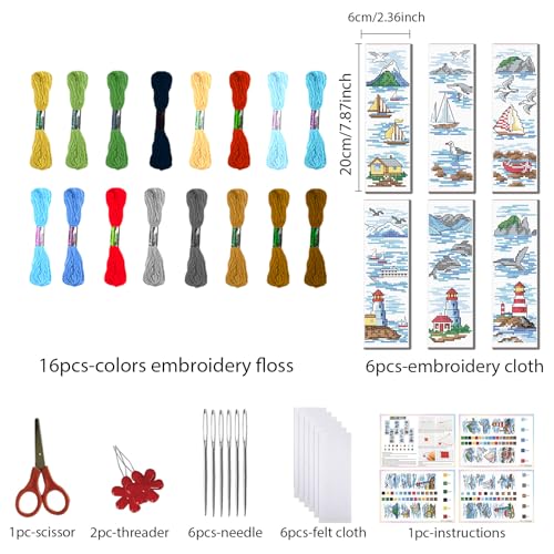 FREEBLOSS 6 Set Cross Stitch Bookmark Kit Stamped Cross Stitch Kit Ocean View Theme Embroidery Set with Instruction for Adults 8''*2.4'' - style: Gulf Coast