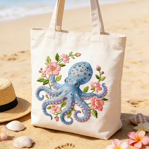 BEUNITONE 4 Pack Beginner Embroidery Kit for Adults, Marine Animals Flowers Pre-Stamped Pattern Needlepoint Kits with Hoops & Instruction, Handmade Embroidery Kits for Fabric and Home Decor 7.9x7.9 - style: A-Marine Animals