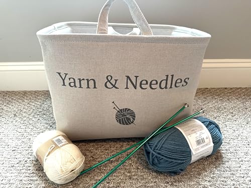 Yarn and Needles Large Tote basket for all your sewing and knitting storage needs. Keep all of your yarn and needles in one stylish tote basket with handles for easy lifting.