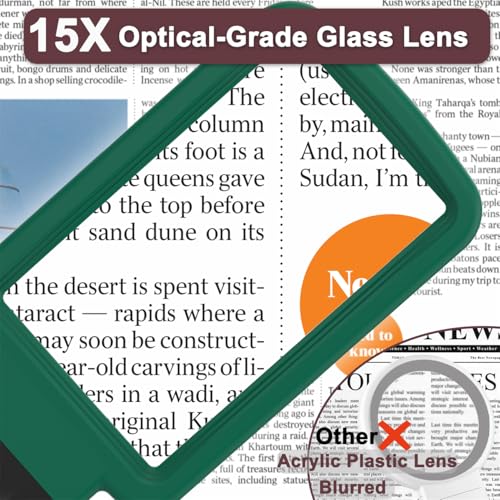 15X Magnifying Glass with Light and Stand, Real Glass Lens, Rechargeable Foldable Handheld Magnifier, 3 Color Modes Dimmable Lighted Page Magnifier for Reading Fine Prints, Seniors, Green-Black - color: Green Black