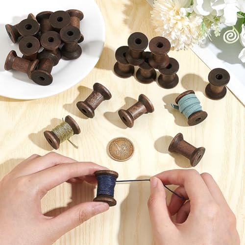 BENECREAT 30Pcs Antique Wooden Empty Spools, 1.18" Empty Thread Spools Wooden Ribbon Spools Bobbins for Wire Weaving Arts DIY Wood Projects, Coconut Brown - color: Coconut Brown