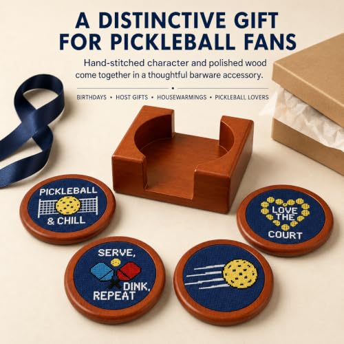 Khen Pickleball Hand-Stitched Needlepoint Coasters - Set of 4, Wooden Holder Solid Wood Needlepoint Inlay French Cotton Thread 4" Durable Decorative Gift, Drink Mats Unique Pickleballers Barware Gifts