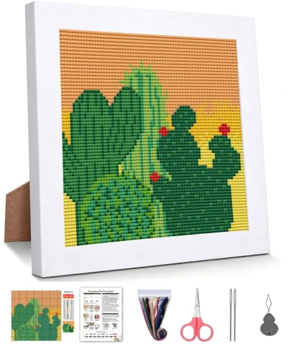 WUSARPLY Cactus Stamped Cross Stitch Kits for Beginners Adults with Framed - color: DKJ014