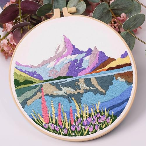 Harimau Adult Beginner Embroidery Starter Kit, Complete Set with 4 Patterns, 2 Hoops, Needles, Scissors, Instruction Guide & Stitching Video Tutorials - color: Mountain