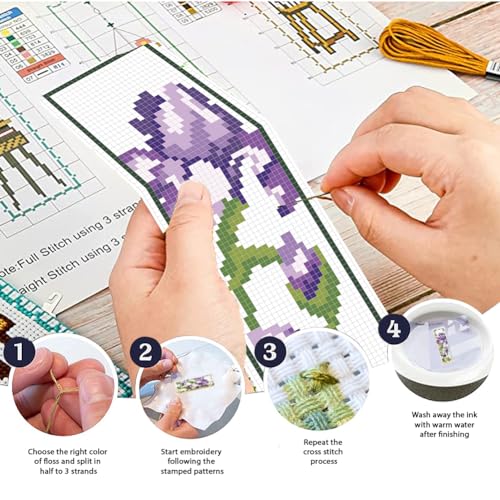 FREEBLOSS 6 Set Iris Cross Stitch Bookmark Kits Hand Embroidery Kit for Beginners Counted Cross Stitch Kit DIY Bookmark Kit Full Cross Stitch Embroidery Kit for Women Hobby 22 * 8cm - style: Iris
