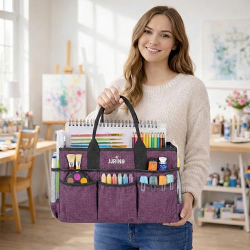 JJRING Large Art Supply Storage Tote Bag With Mesh Pockets, Purple - color: Purple