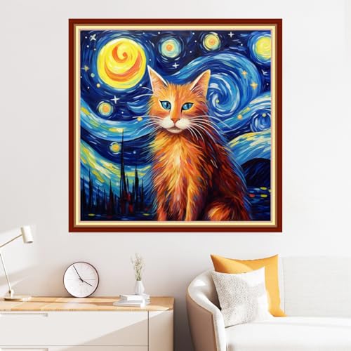 Disxvivy Cross Stitch Stamped Full Embroidery Kits DIY 11CT Cotton Thread Printed DIY Needlepoint Kits Craft Needlework Set Cross-Stitch Stamped Sets-Cat Starry Sky 18x18 inch - color: Artstyle24