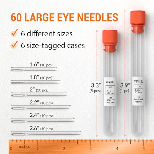 VONEEDL 55 PCS Large Eye Sharp Needles - Easy to Thread Big Eye Sewing Needles, Embroidery Needles (6 Sizes) - size: 55 Needles