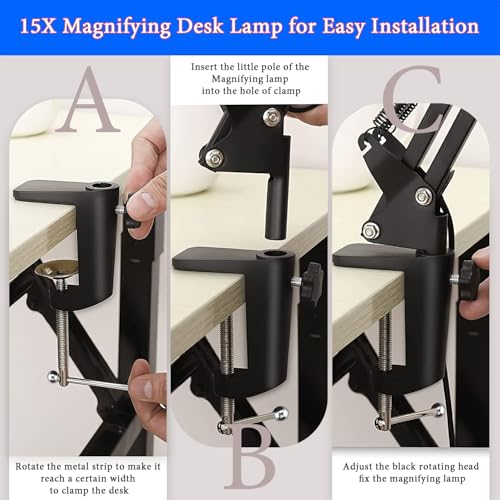 15X Magnifying Glass Desk Lamp with Clamp, Real Glass Lens, 84 LEDs, 5 Color Modes Dimmable, Led Lamp Magnifier with Dust Cover, USB Charger, Clean Cloth, Ideal Gift for Seniors, Crafters, Hobbyists