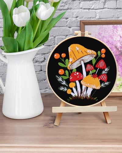 ERKOON Embroidery Kit for Beginners, Flower Cross Stitch Set for Include Embroidery Cloth Hoops Threads for Craft Lover Hand Stitch with Embroidery Skill Techniques (Mushroom) - color: Mushroom