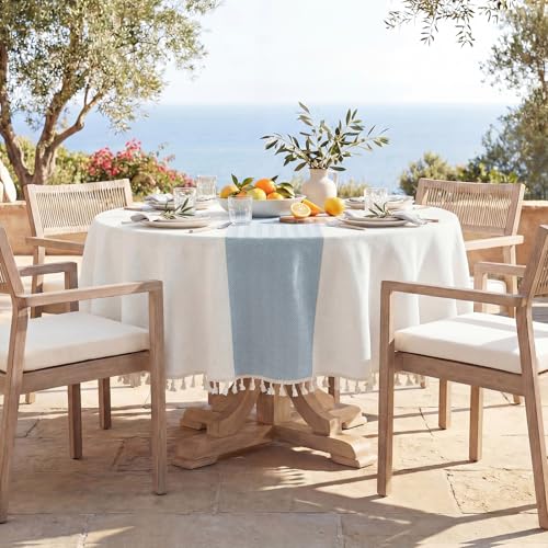 Softalker Outdoor Linen Round Tablecloth with Tassel, 55 x 55 Inch - color: Blue Stripe, size: 55" (Round)