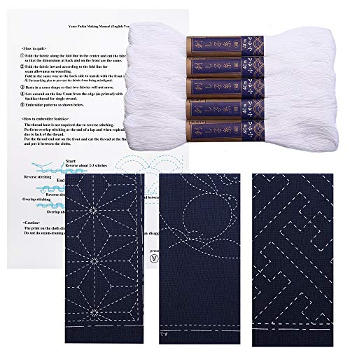 Sashiko kit, Yokota Sashiko Thread and Template Yume Fukin with Original English Manual, Fabric, Japanese Textile (White Thread/Navy Dishcloth 3) - color: White Thread / Navy Dishcloth 3