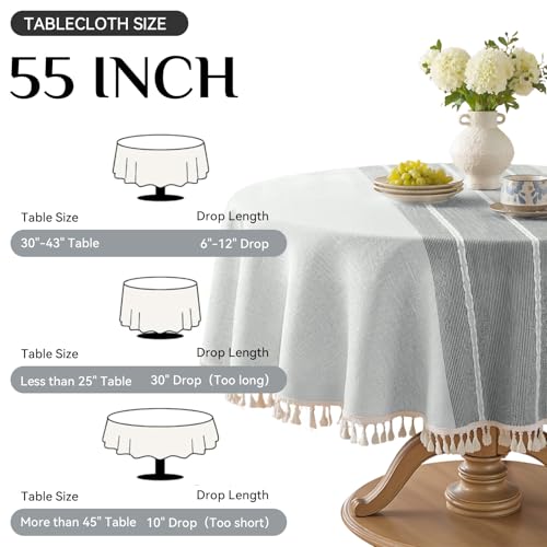 Softalker Outdoor Linen Round Tablecloth with Tassel, 55 x 55 Inch - color: Grey Lines, size: 55" (Round)