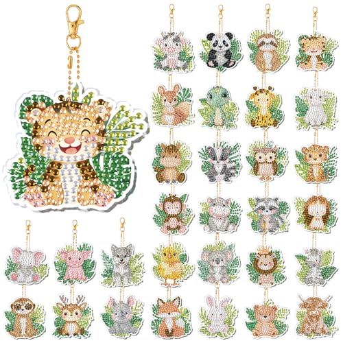 WILLBOND 30 Pcs Jungle Animals Diamond Art Keychain Ornaments - color: Jungle Animals