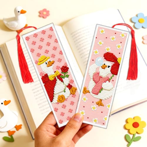 ACRNIGHEET 6PCS Cross Stitch Bookmark Kit for Beginner Cute Goose Stamped Cross Stitch Kits Needlepoint Kit for Adults DIY Tassel Embroidery Bookmark Kits with Instructions Craft Gift 8.5"x3" 11CT - style: Cute Goose Patterns
